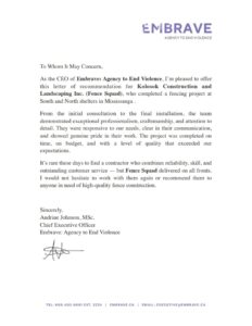 Recommendation letter from Embrace Agency