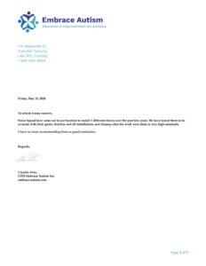 Recommendation letter from Embrace Autism
